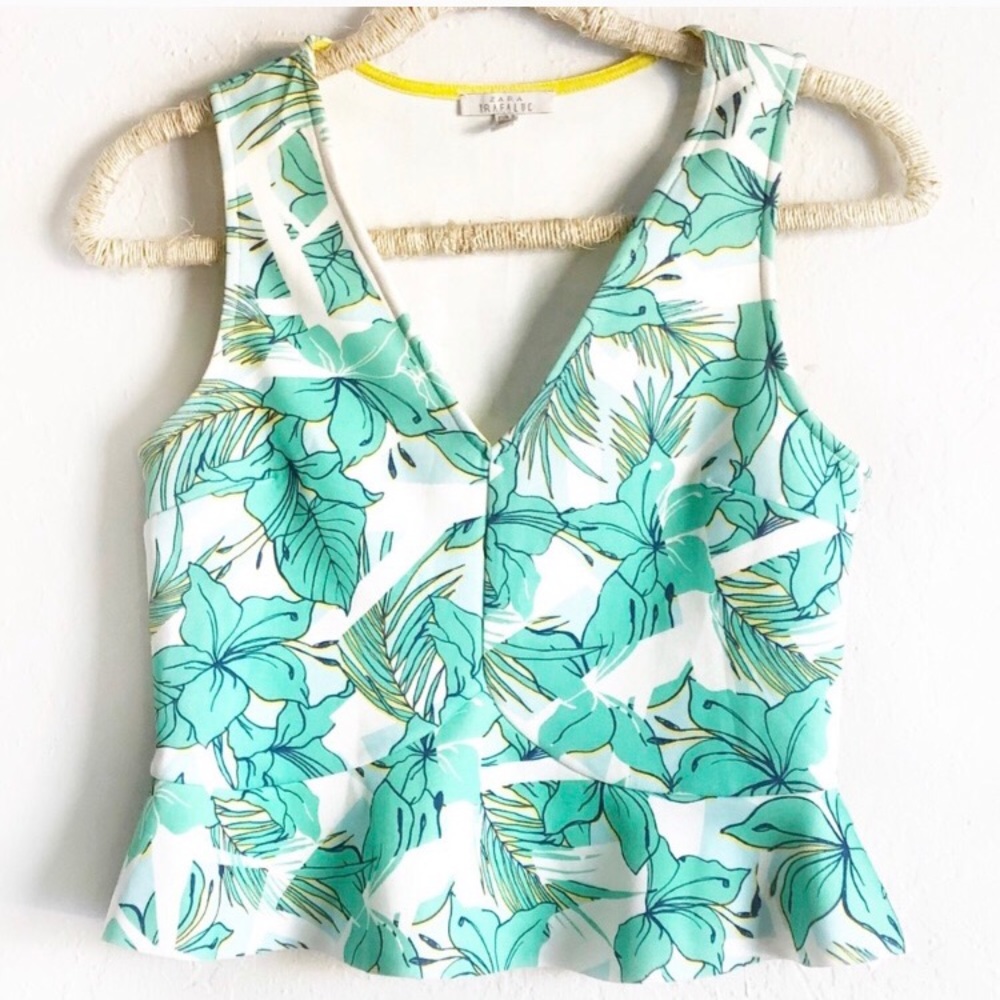 ZARA Tropical Palm Peplum Tank Green White Size S